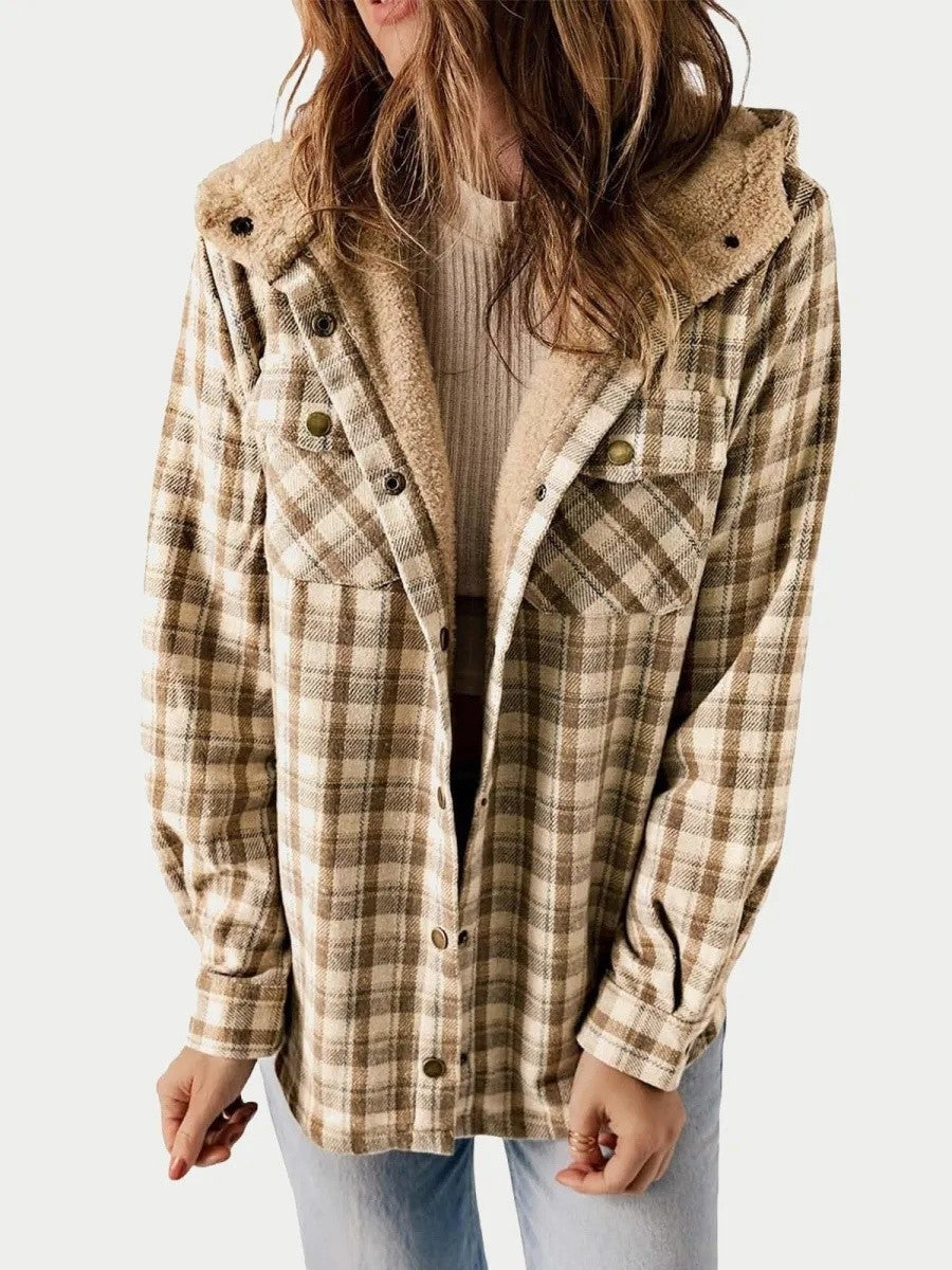 Fleece Lined Plaid Shacket with Hood – Casual Layer Relaxed Fit-Coats & Jackets-Urban Devyne-Khaki-S-Urban Devyne