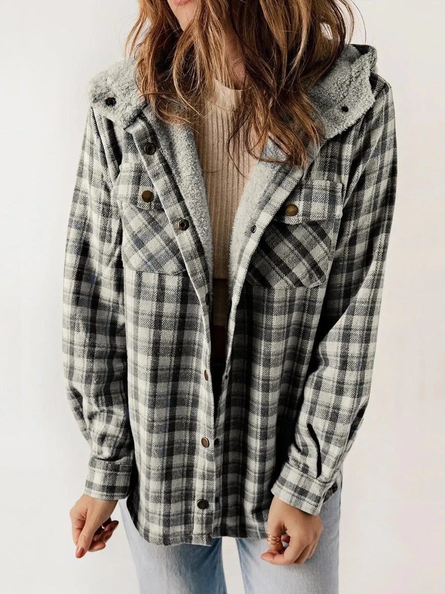 Fleece Lined Plaid Shacket with Hood – Casual Layer Relaxed Fit-Coats & Jackets-Urban Devyne-Dark Grey-S-Urban Devyne