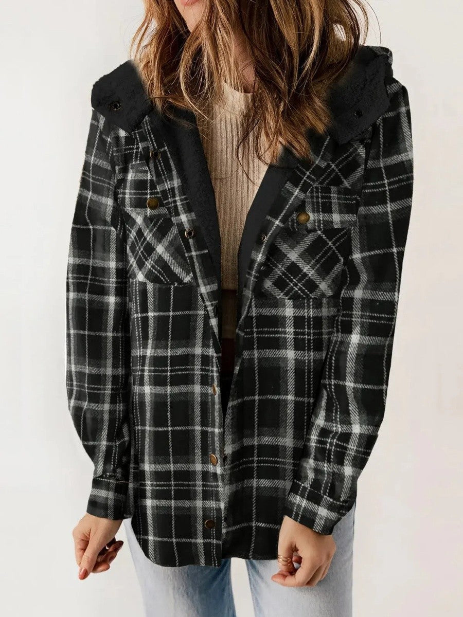 Fleece Lined Plaid Shacket with Hood – Casual Layer Relaxed Fit-Coats & Jackets-Urban Devyne-Black-S-Urban Devyne