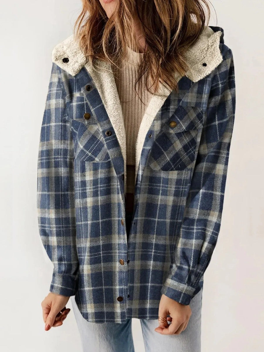 Fleece Lined Plaid Shacket with Hood – Casual Layer Relaxed Fit-Coats & Jackets-Urban Devyne-Blue-S-Urban Devyne