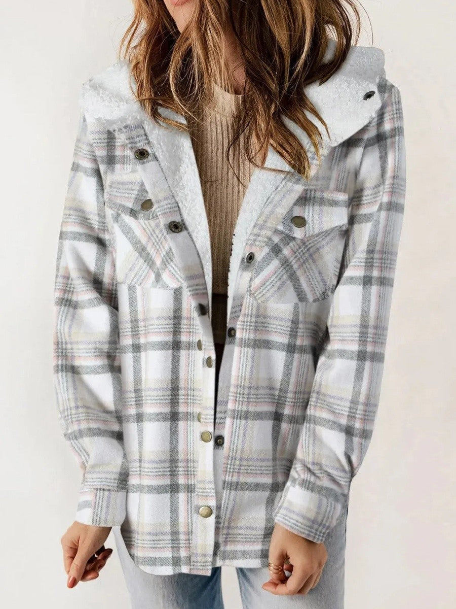 Fleece Lined Plaid Shacket with Hood – Casual Layer Relaxed Fit-Coats & Jackets-Urban Devyne-White-S-Urban Devyne