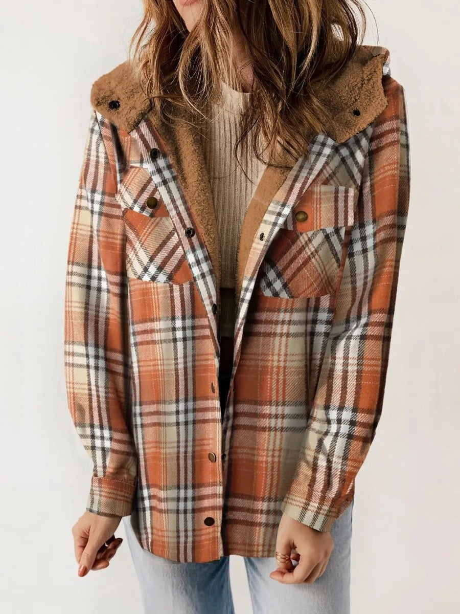 Fleece Lined Plaid Shacket with Hood – Casual Layer Relaxed Fit-Coats & Jackets-Urban Devyne-Orange-S-Urban Devyne
