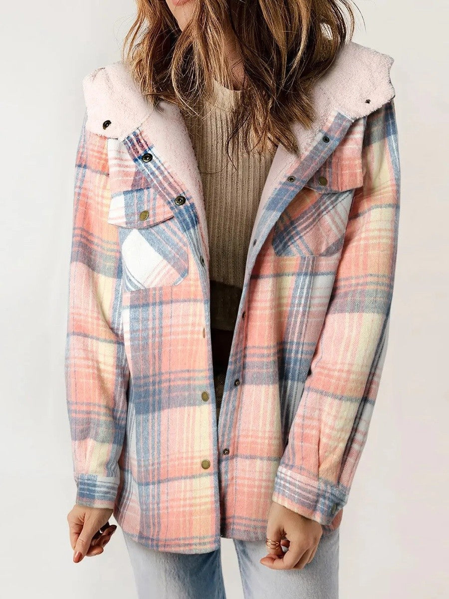 Fleece Lined Plaid Shacket with Hood – Casual Layer Relaxed Fit-Coats & Jackets-Urban Devyne-Pink-S-Urban Devyne