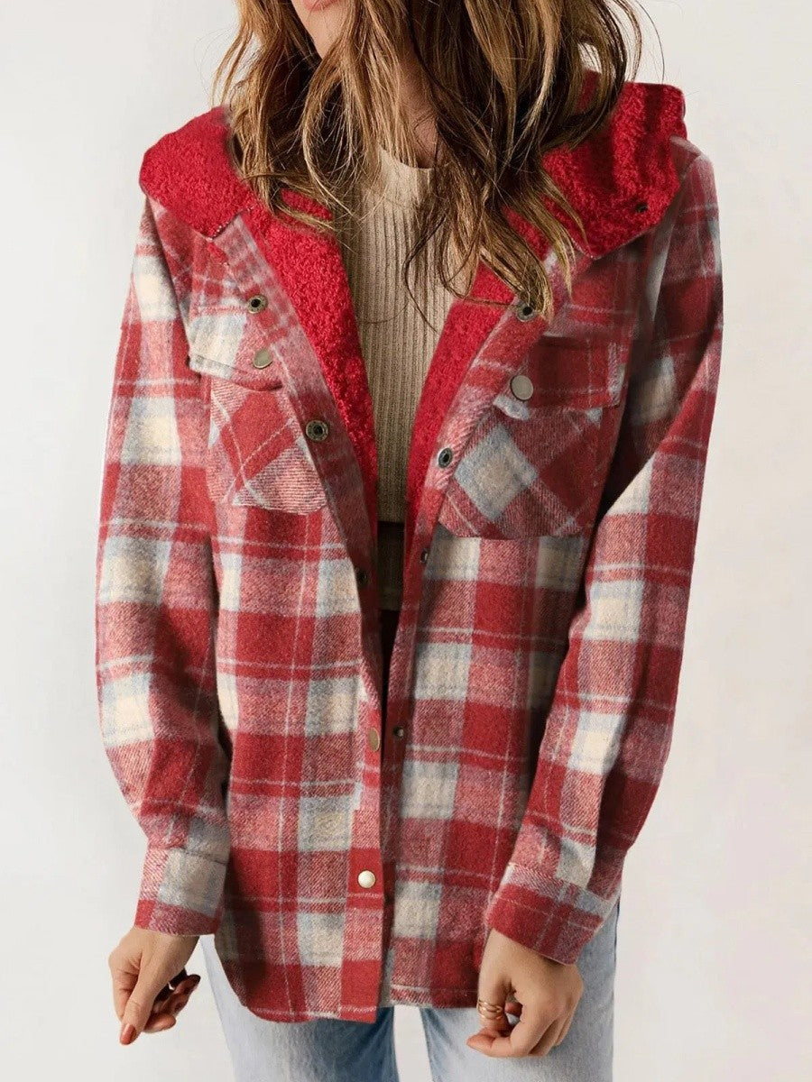 Fleece Lined Plaid Shacket with Hood – Casual Layer Relaxed Fit-Coats & Jackets-Urban Devyne-Red-S-Urban Devyne