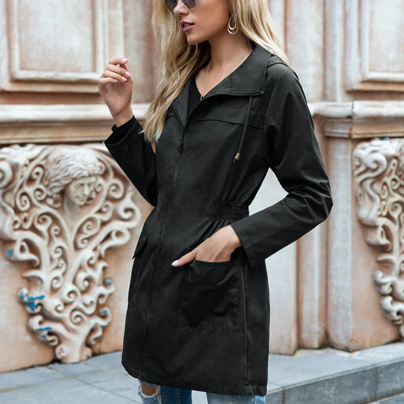Long Waterproof Coat with Adjustable Hood – Relaxed Fit Rain Jacket for Women’s Outdoor Wear-Coats & Jackets-Urban Devyne-Black-XL-Urban Devyne
