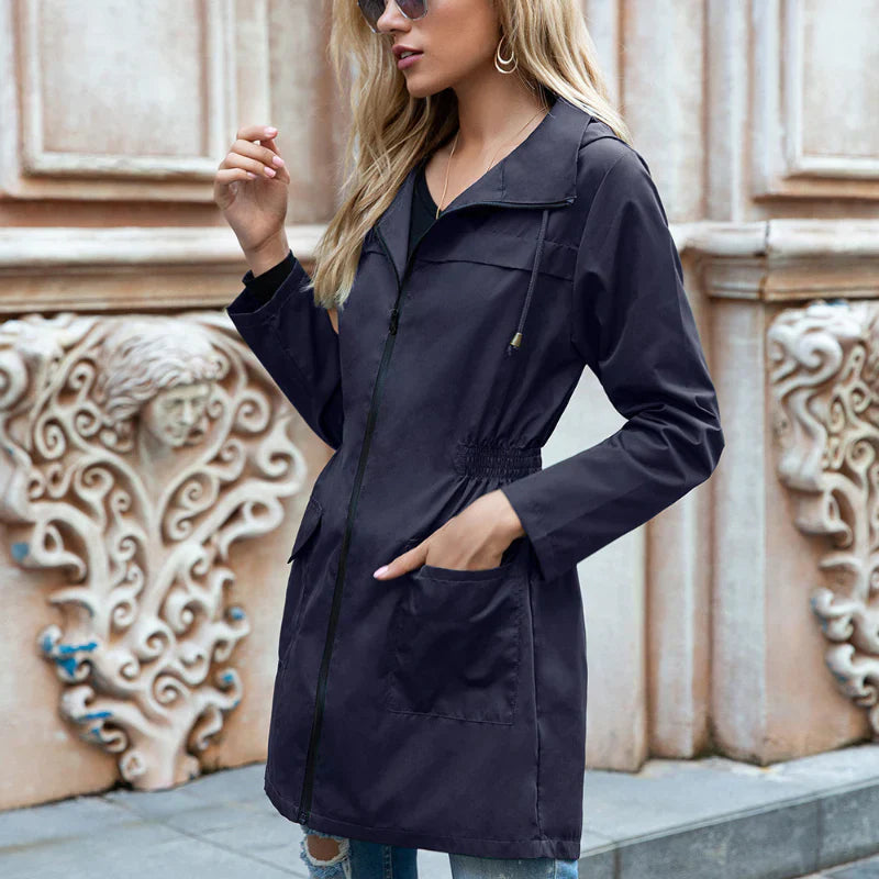 Long Waterproof Coat with Adjustable Hood – Relaxed Fit Rain Jacket for Women’s Outdoor Wear-Coats & Jackets-Urban Devyne-Navy Blue-XL-Urban Devyne