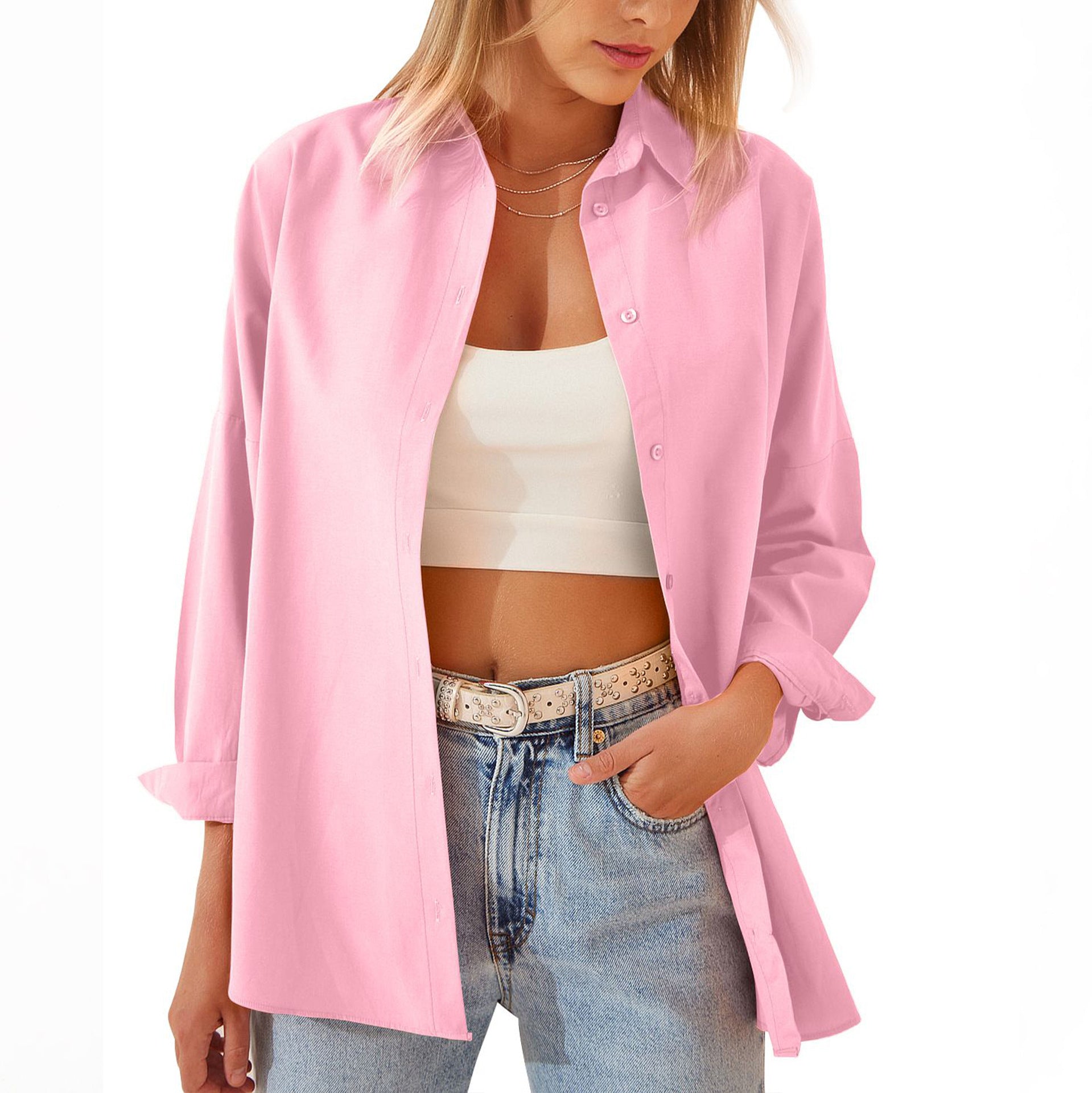 Oversized Button-Down Shirt for Women with Rolled Sleeves – Casual Long Sleeve Top in Lightweight Cotton-Blend-Tops-Urban Devyne-Pink-S-Urban Devyne