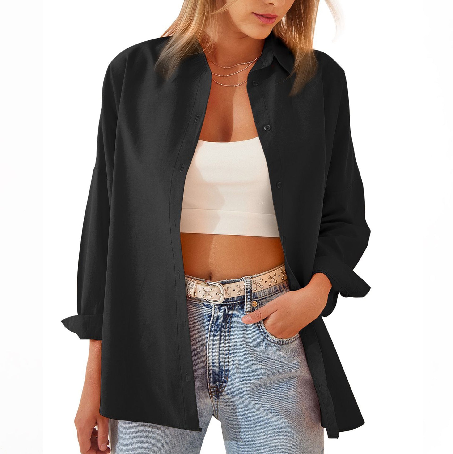 Oversized Button-Down Shirt for Women with Rolled Sleeves – Casual Long Sleeve Top in Lightweight Cotton-Blend-Tops-Urban Devyne-Black-S-Urban Devyne