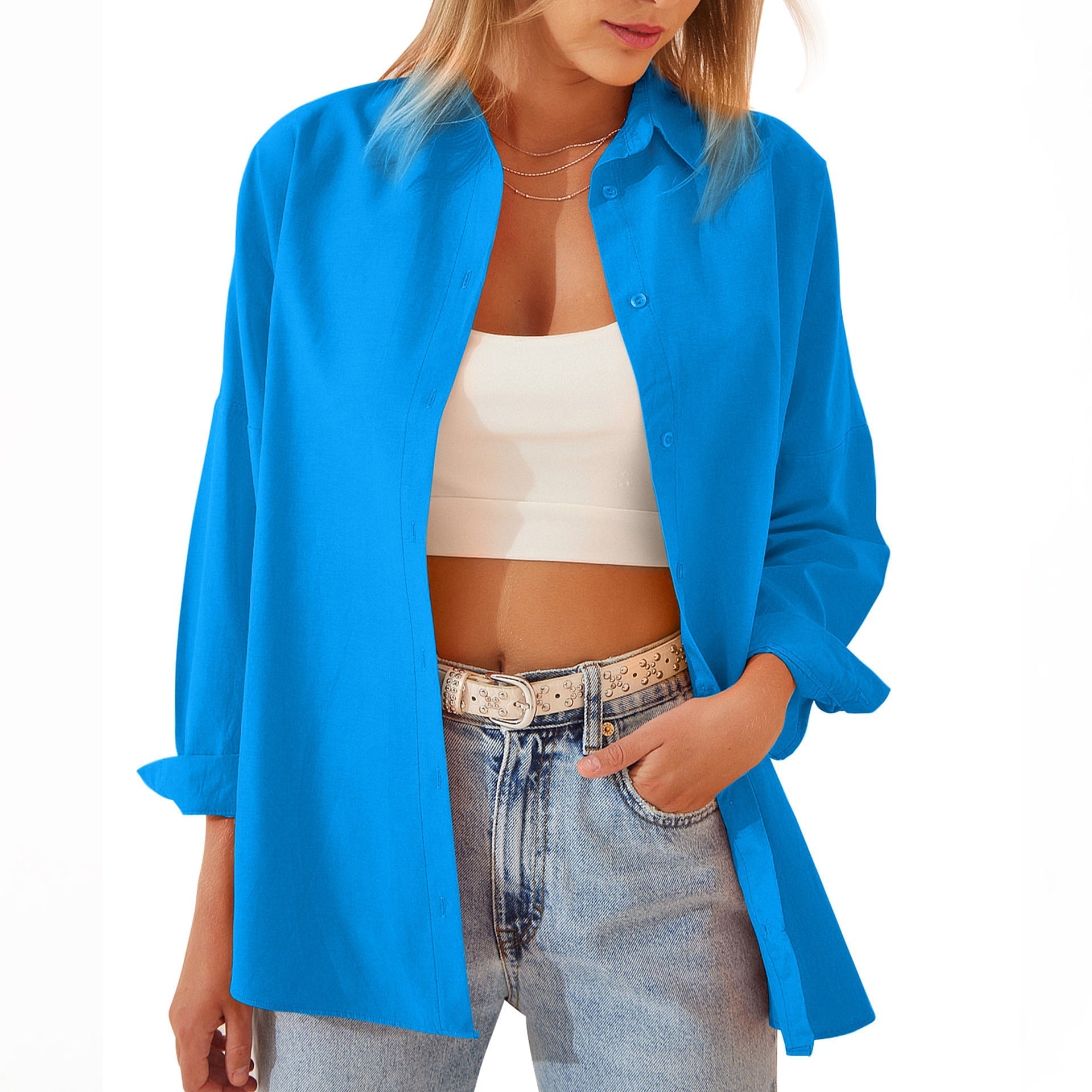 Oversized Button-Down Shirt for Women with Rolled Sleeves – Casual Long Sleeve Top in Lightweight Cotton-Blend-Tops-Urban Devyne-Ocean Blue-S-Urban Devyne