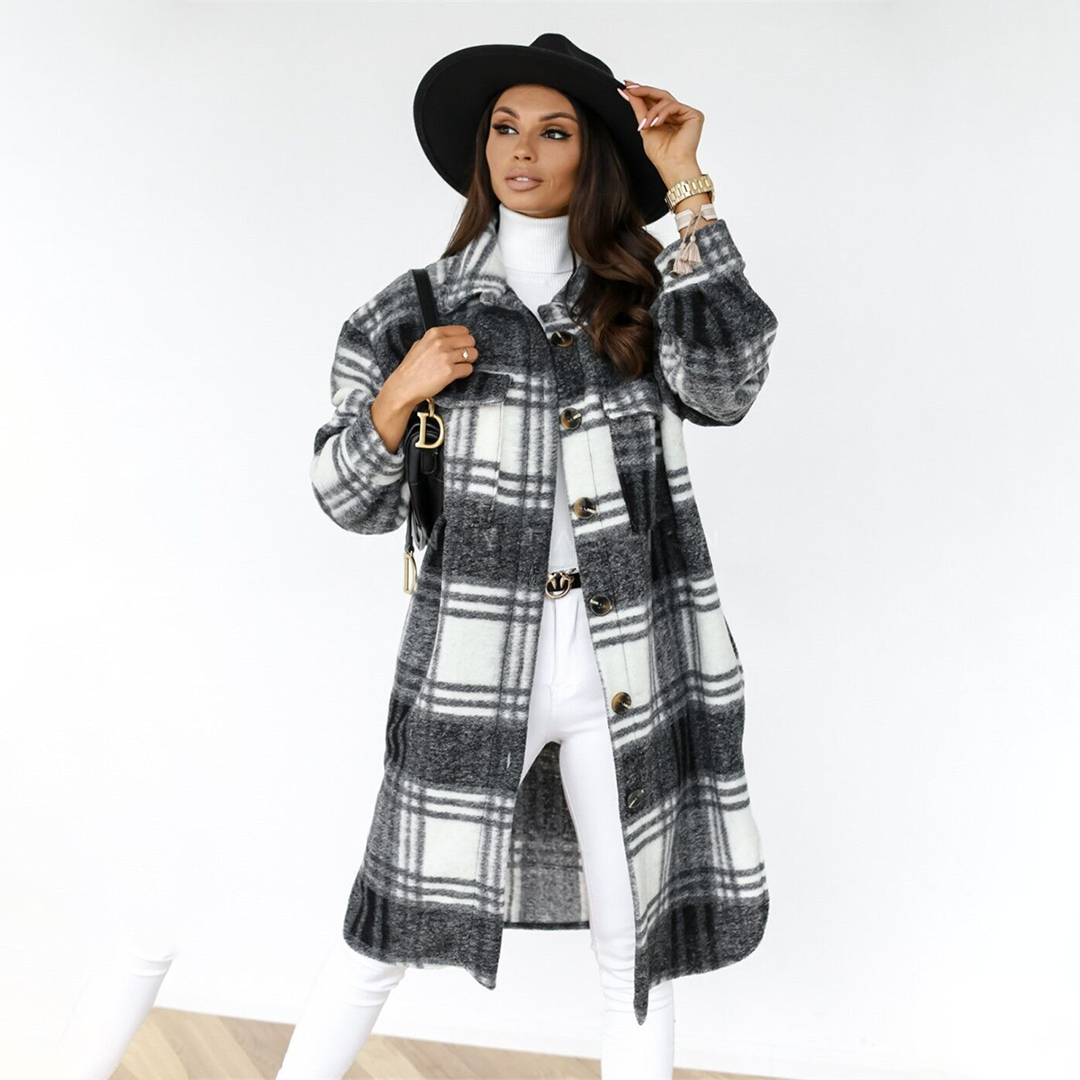 Oversized Checkered Wool Blend Coat for Women – Warm Winter Coat Featuring Flap Pockets and Button Closure-Coats & Jackets-Urban Devyne-Black-S-Urban Devyne