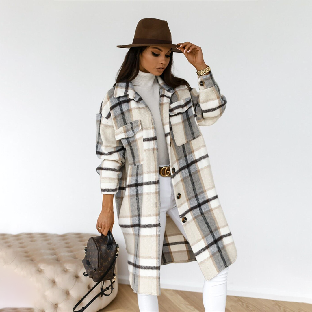 Oversized Checkered Wool Blend Coat for Women – Warm Winter Coat Featuring Flap Pockets and Button Closure-Coats & Jackets-Urban Devyne-Grey White-S-Urban Devyne