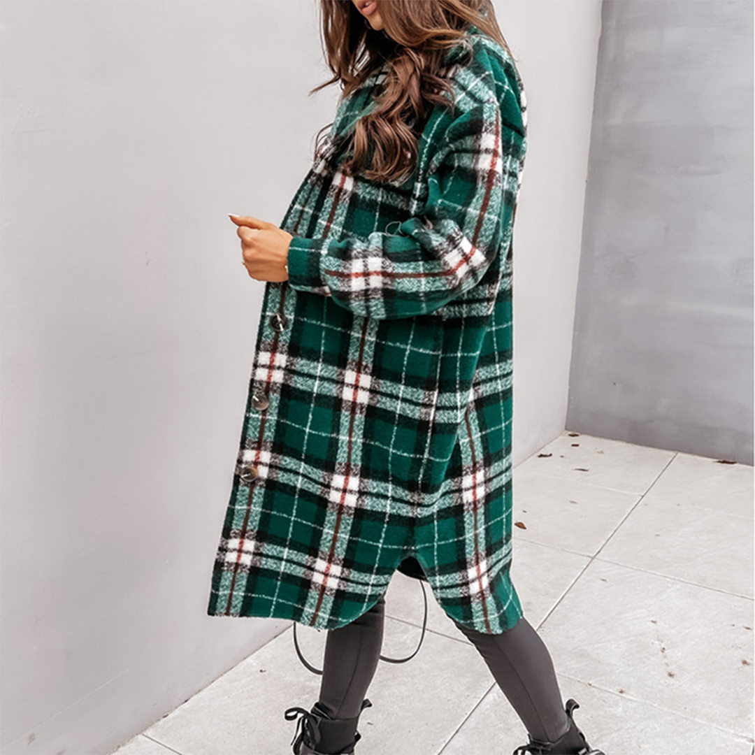 Oversized Checkered Wool Blend Coat for Women – Warm Winter Coat Featuring Flap Pockets and Button Closure-Coats & Jackets-Urban Devyne-Green-S-Urban Devyne