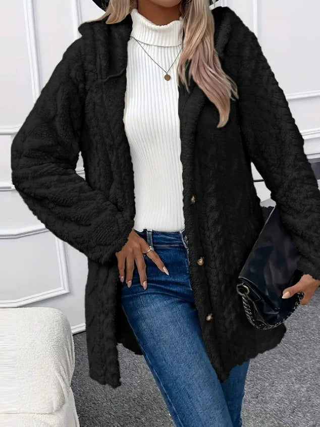 Oversized Hooded Long Jacket for Women in Textured Fleece – Cozy Winter Coat for Casual Style-Coats & Jackets-Urban Devyne-Black-S-Urban Devyne
