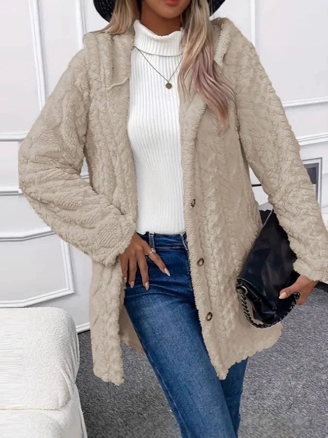 Oversized Hooded Long Jacket for Women in Textured Fleece – Cozy Winter Coat for Casual Style-Coats & Jackets-Urban Devyne-Apricot-S-Urban Devyne