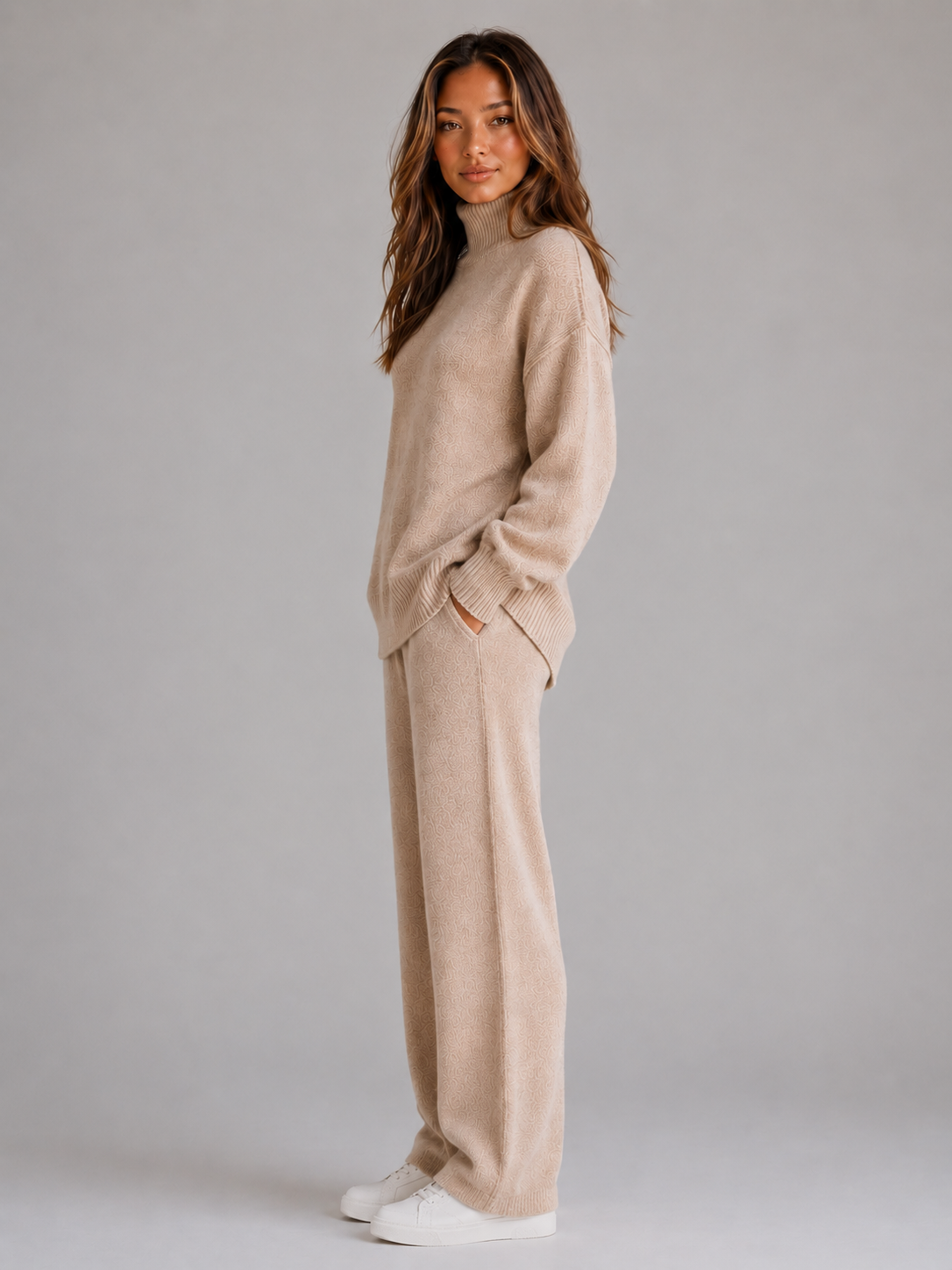 Aspen | Cozy Women's Oversized Knitted Lounge Set with Roll Neck Jumper and Wide Leg Trousers