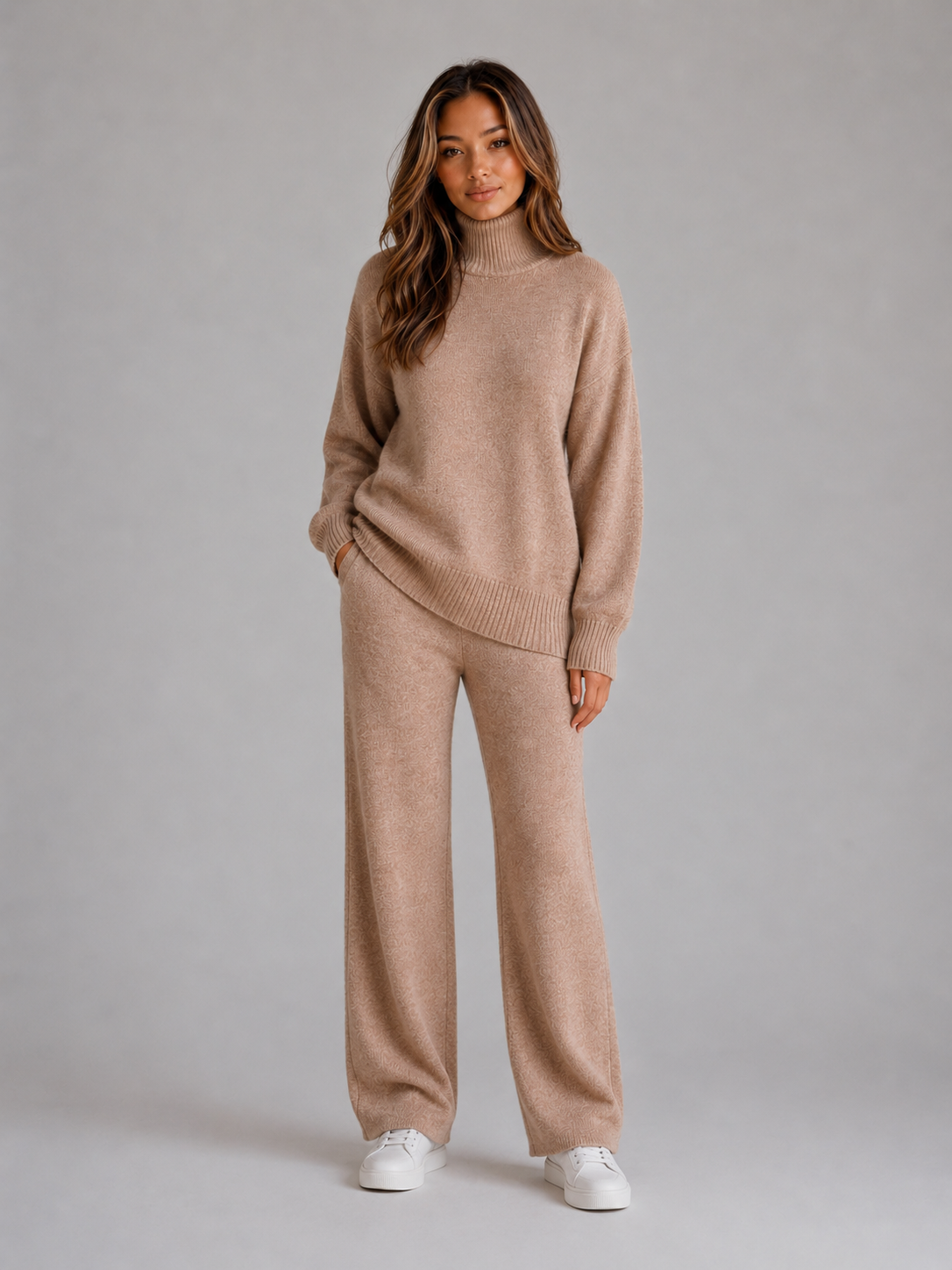 Aspen | Cozy Women's Oversized Knitted Lounge Set with Roll Neck Jumper and Wide Leg Trousers