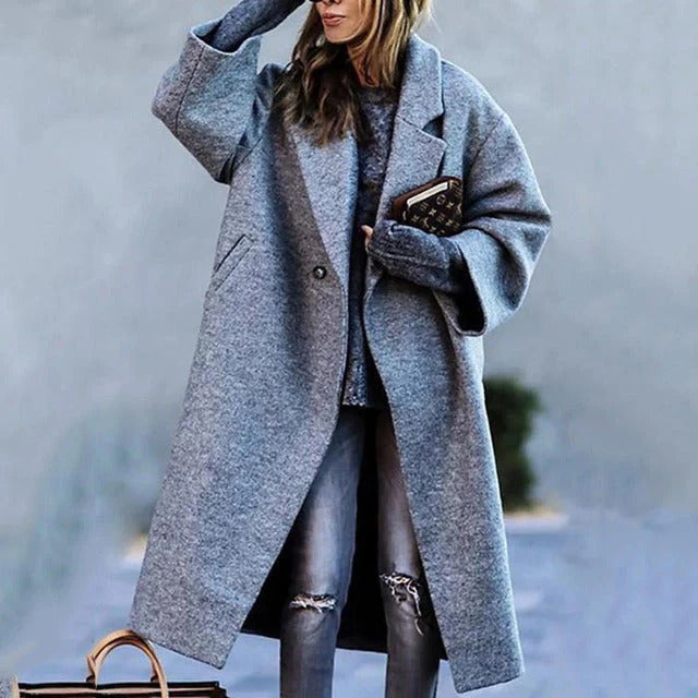 Oversized Long Coat in Wool Blend with Notched Lapel for Women – Elegant Winter Coat for Casual and Semi-Formal Occasions-Coats & Jackets-Urban Devyne-Grey-S-Urban Devyne