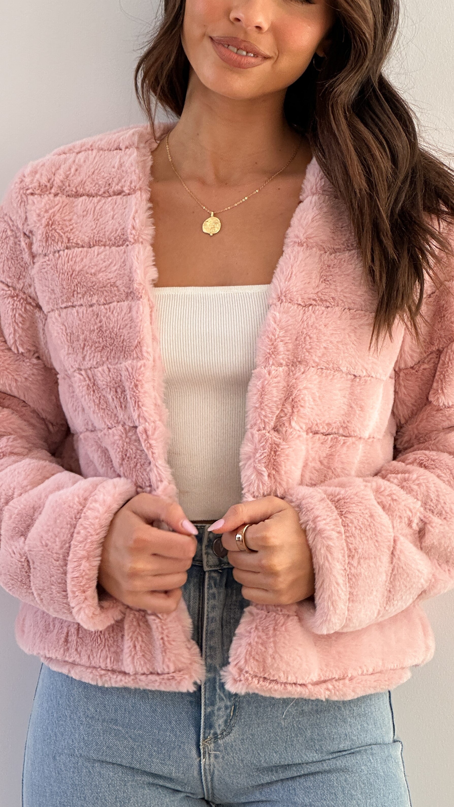 Quilted Faux Fur Crop Jacket for Women with Open Front – Structured Fit for Stylish Comfort-Coats & Jackets-Urban Devyne-Pink-S-Urban Devyne