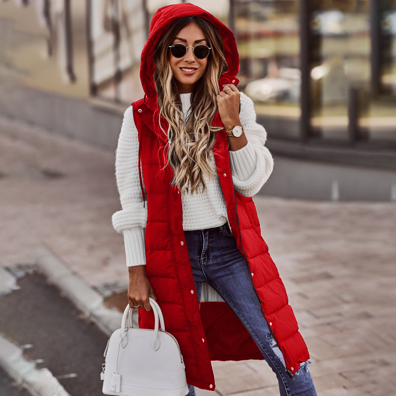 Quilted Hooded Bodywarmer for Women – Long Oversized Padded Vest for Casual Wear-Coats & Jackets-Urban Devyne-Red-S-Urban Devyne