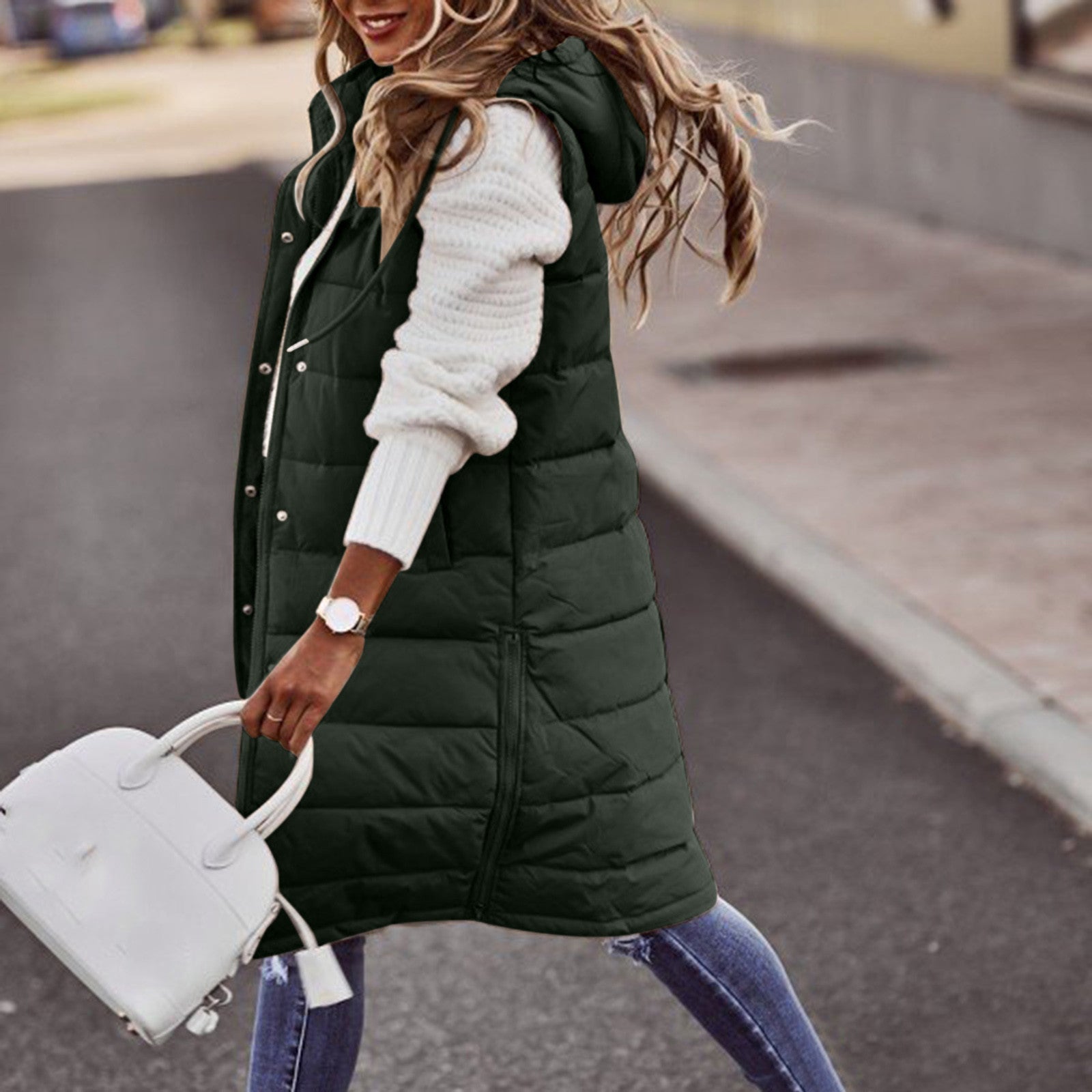 Quilted Hooded Bodywarmer for Women – Long Oversized Padded Vest for Casual Wear-Coats & Jackets-Urban Devyne-Green-S-Urban Devyne