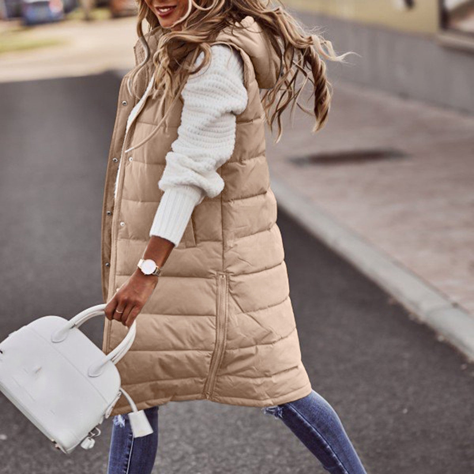 Quilted Hooded Bodywarmer for Women – Long Oversized Padded Vest for Casual Wear-Coats & Jackets-Urban Devyne-Beige-S-Urban Devyne