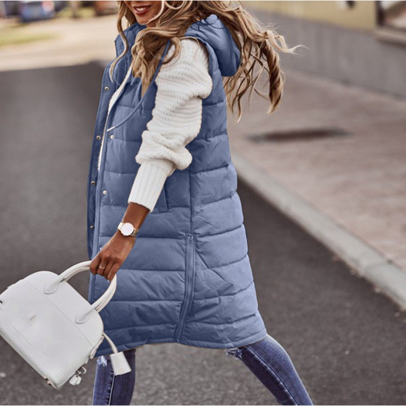 Quilted Hooded Bodywarmer for Women – Long Oversized Padded Vest for Casual Wear-Coats & Jackets-Urban Devyne-Navy Blue-S-Urban Devyne