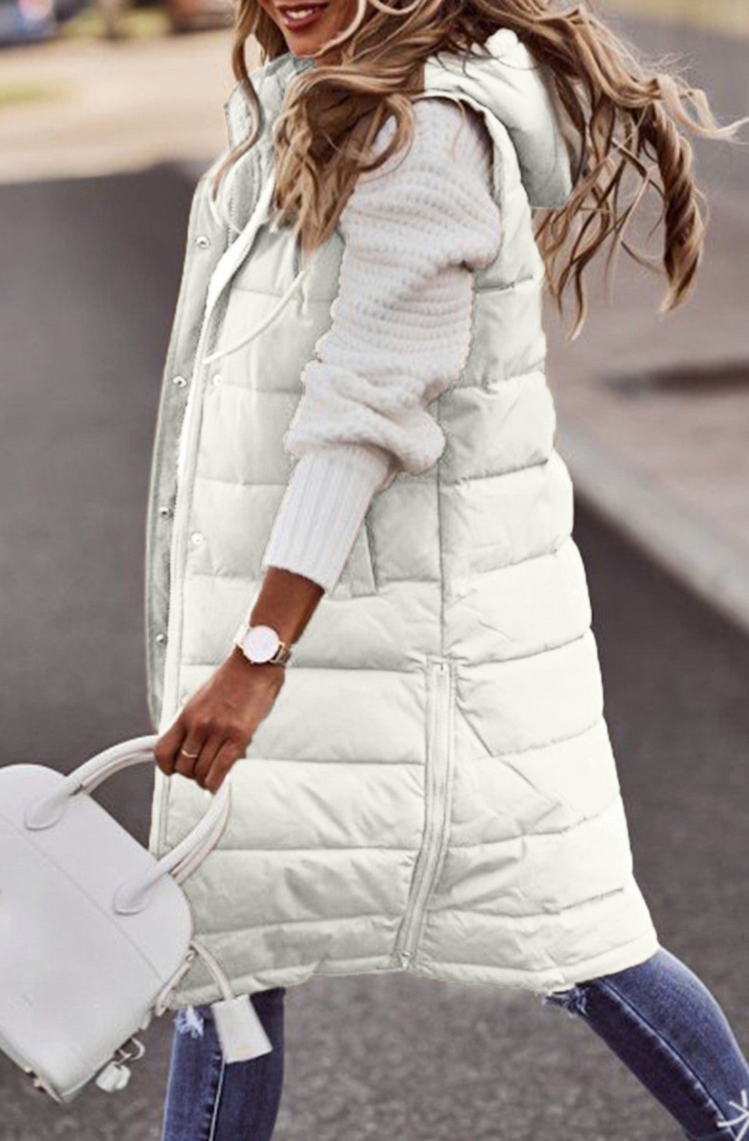 Quilted Hooded Bodywarmer for Women – Long Oversized Padded Vest for Casual Wear-Coats & Jackets-Urban Devyne-White-S-Urban Devyne