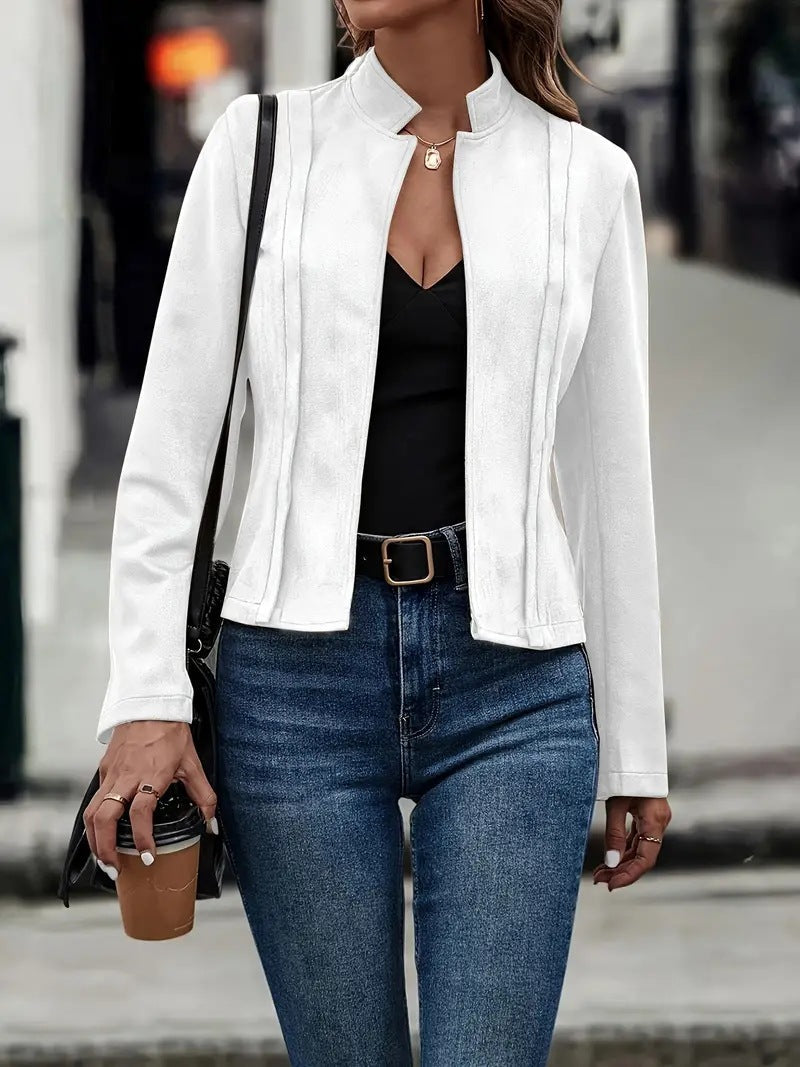 Slim Fit Wool Blend Jacket with Stand Collar for Women – Stylish Fall/Winter Coat-Coats & Jackets-Urban Devyne-White-S-Urban Devyne