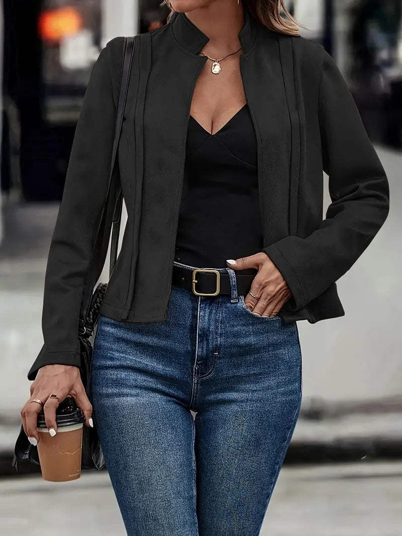 Slim Fit Wool Blend Jacket with Stand Collar for Women – Stylish Fall/Winter Coat-Coats & Jackets-Urban Devyne-Black-S-Urban Devyne