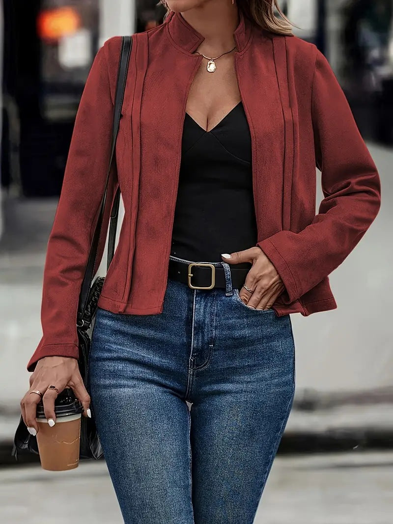 Slim Fit Wool Blend Jacket with Stand Collar for Women – Stylish Fall/Winter Coat-Coats & Jackets-Urban Devyne-Red-S-Urban Devyne