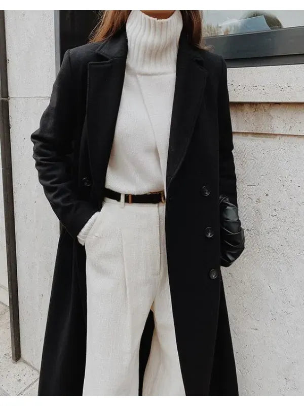 Tailored Wool Coat for Women Double Breasted Full Length with Notched Lapel Winter Coats-Coats & Jackets-Urban Devyne-Black-S-Urban Devyne