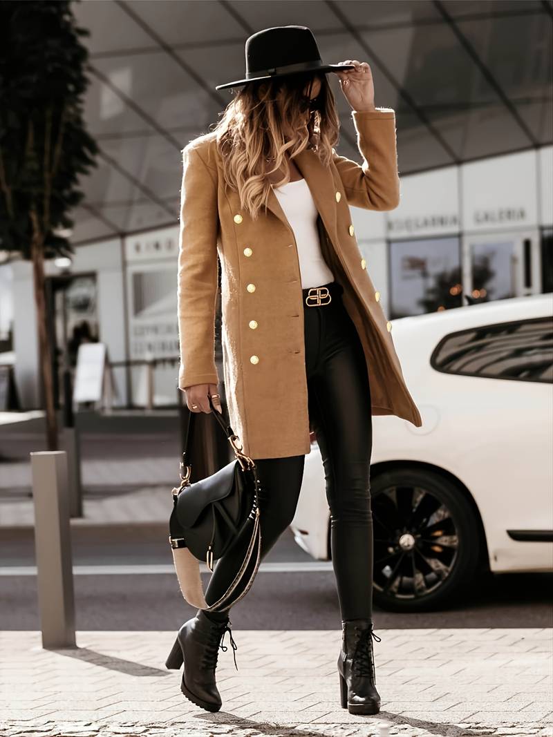 Tailored Wool Coat for Women with Gold Buttons – Mid-Thigh Length Double-Breasted