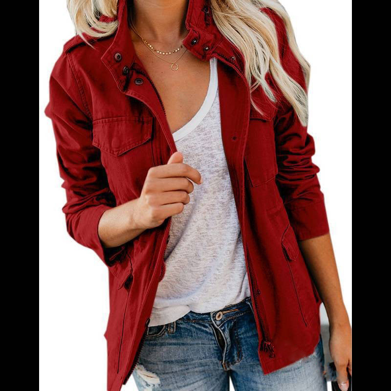 Utility Jacket for Women with Zip Button Closure and Four Pockets in Regular Fit Cotton Blend-Coats & Jackets-Urban Devyne-Claret-S-Urban Devyne