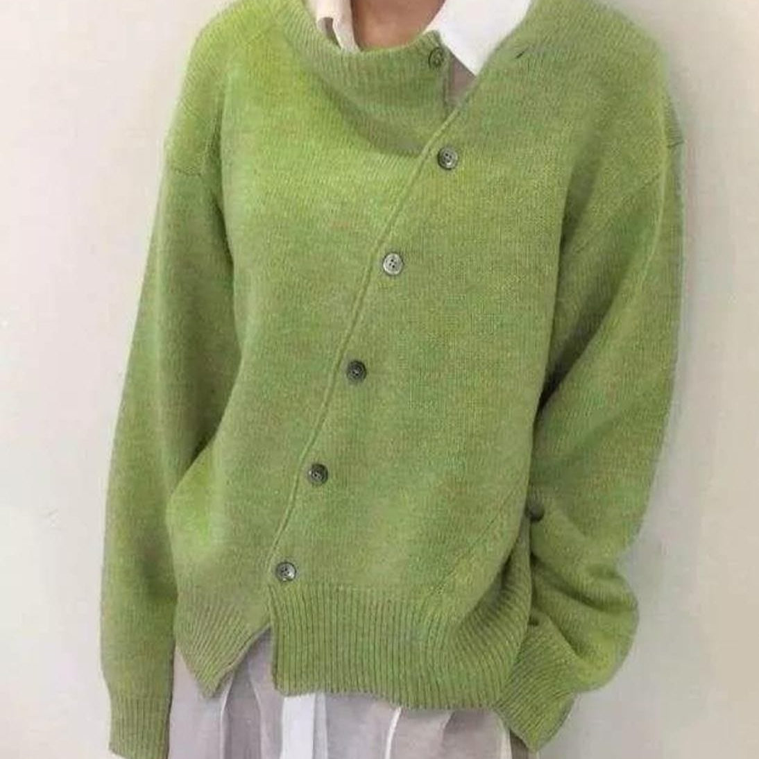 Wool Blend Knit Jacket with Asymmetrical Button Front for Women – Relaxed Fit Winter Coat-Coats & Jackets-Urban Devyne-Light Green-S-Urban Devyne