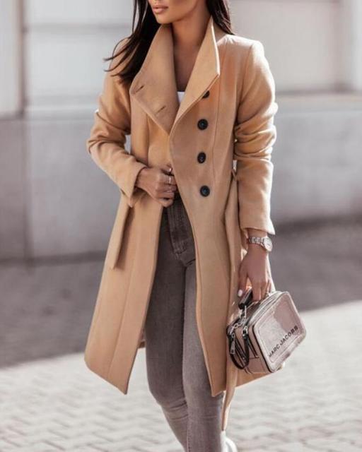 Wool Blend Long Coat for Women - Double-Breasted Belted Winter Coat for Elegant Style-Coats & Jackets-Urban Devyne-Beige-S-Urban Devyne