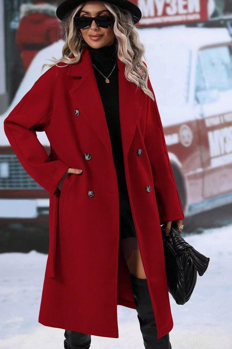 Wool Blend Long Trench Coat for Women with Double-Breasted Design and Relaxed Fit for Winter-Coats & Jackets-Urban Devyne-Red-XS-Urban Devyne