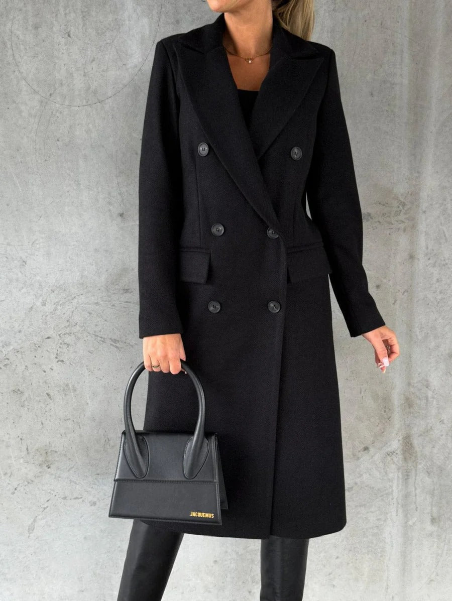 Wool Blend Longline Coat for Women Featuring Double-Breasted Design and Notched Lapels - Winter Coat-Coats & Jackets-Urban Devyne-Black-S-Urban Devyne