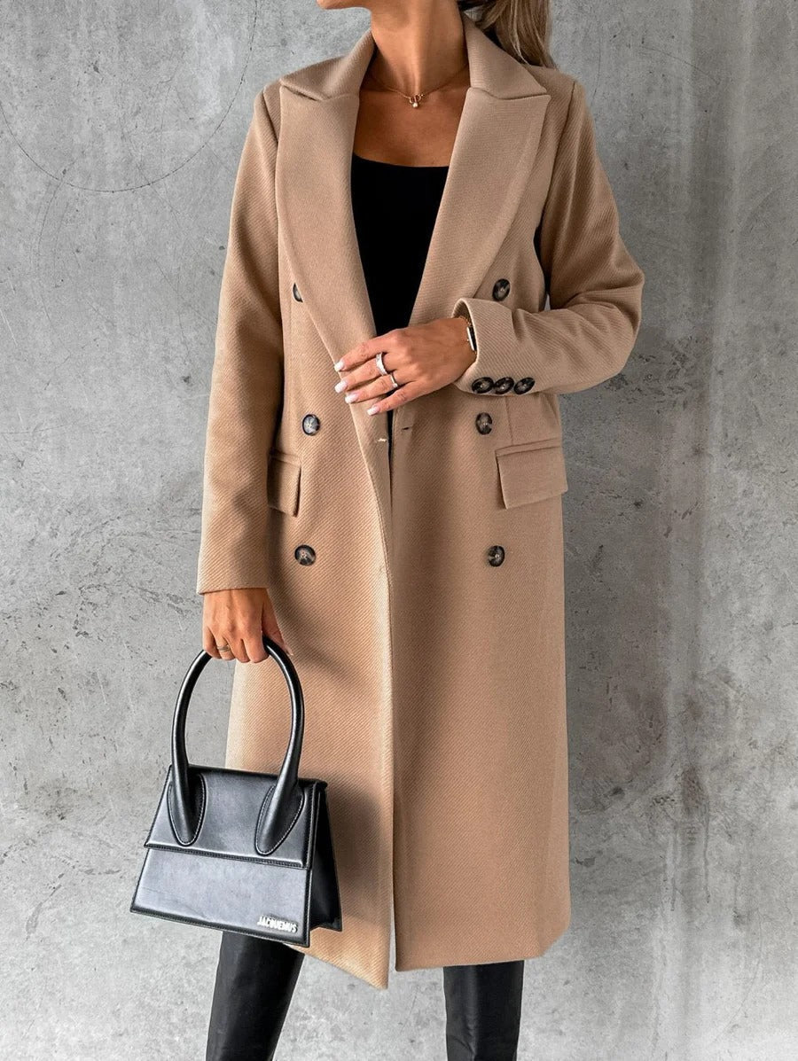 Wool Blend Longline Coat for Women Featuring Double-Breasted Design and Notched Lapels - Winter Coat-Coats & Jackets-Urban Devyne-Beige-S-Urban Devyne