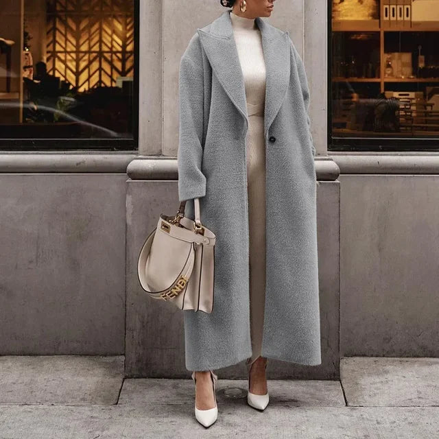 Wool Blend Oversized Coat for Women with Notched Lapel – Full Length Winter Coat for Casual and Formal Wear-Coats & Jackets-Urban Devyne-Grey-S-Urban Devyne