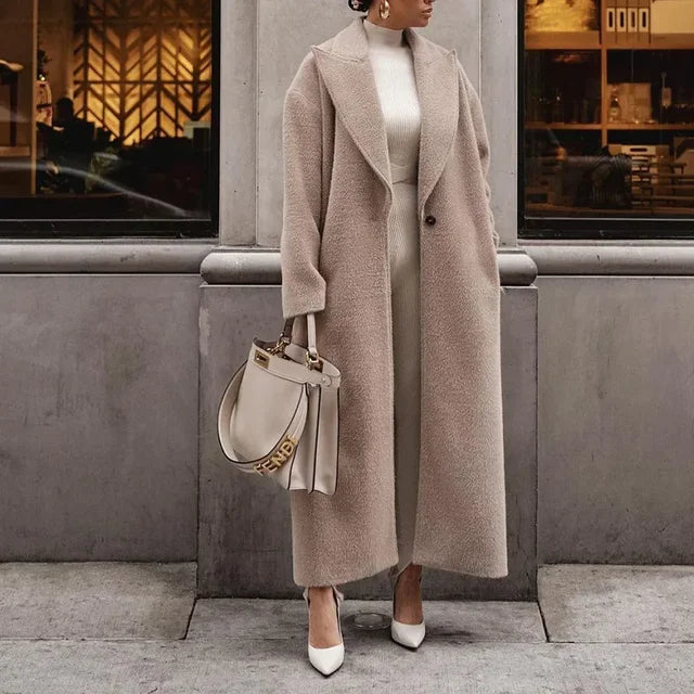 Wool Blend Oversized Coat for Women with Notched Lapel – Full Length Winter Coat for Casual and Formal Wear-Coats & Jackets-Urban Devyne-Beige-S-Urban Devyne