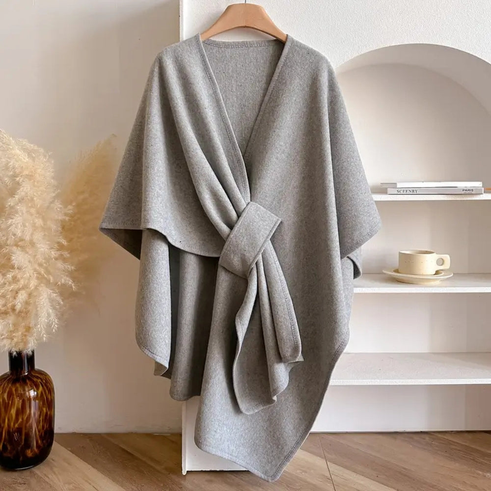 Woolen Poncho Shawl Coat for Women with Waist Tie - Knee Length Draped Cape for Stylish Warmth-Coats & Jackets-Urban Devyne-Grey-Urban Devyne