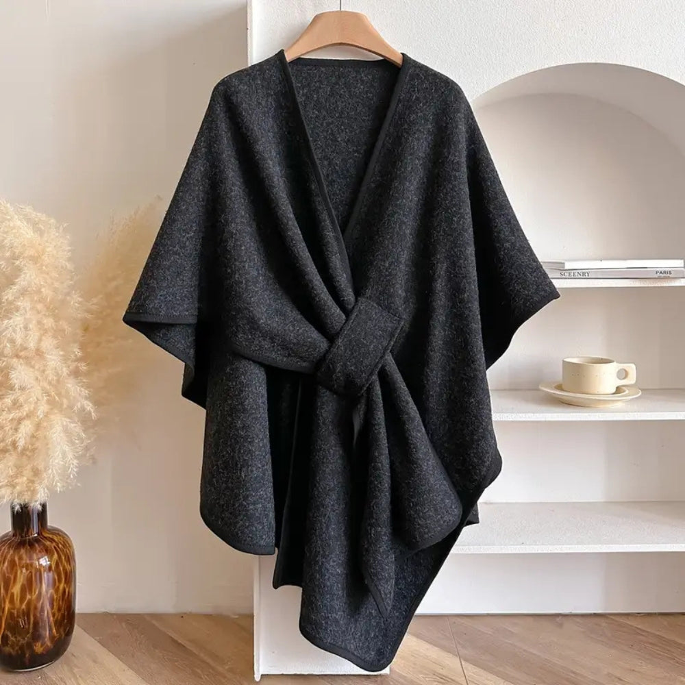 Woolen Poncho Shawl Coat for Women with Waist Tie - Knee Length Draped Cape for Stylish Warmth-Coats & Jackets-Urban Devyne-Dark Grey-Urban Devyne