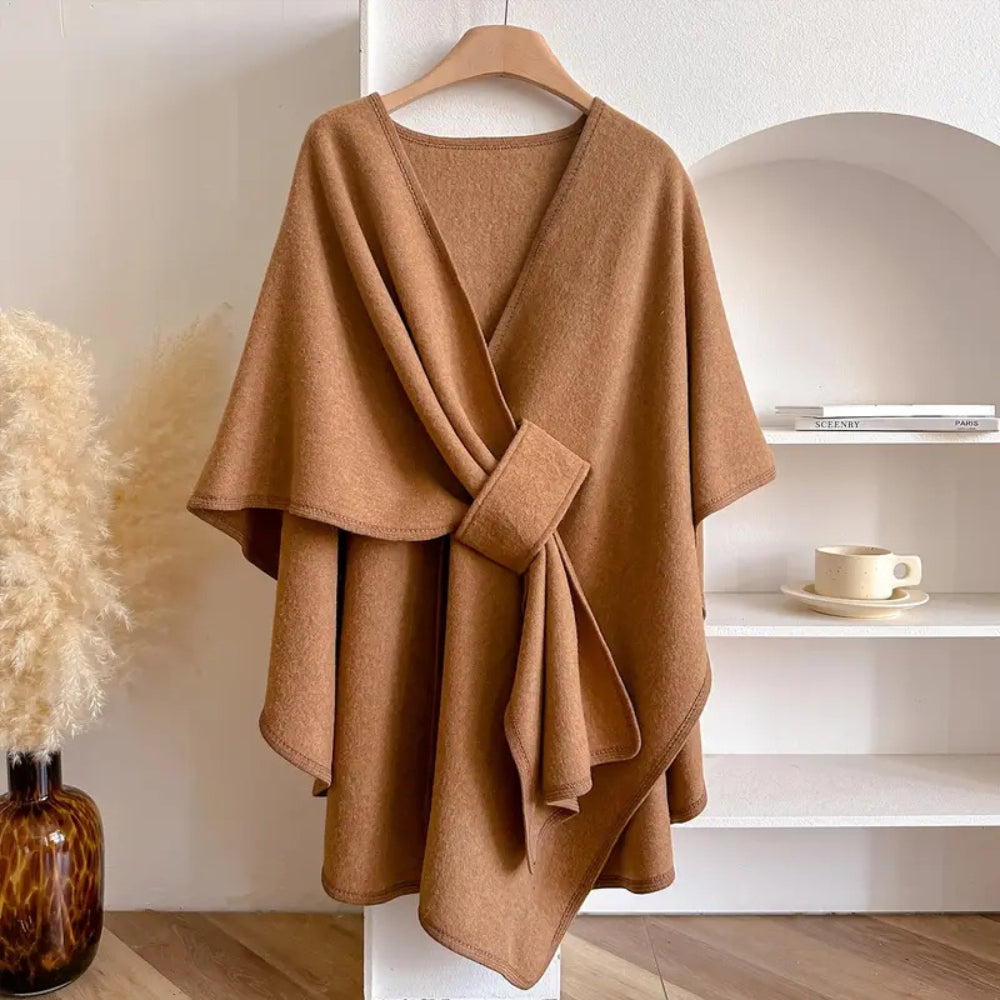Woolen Poncho Shawl Coat for Women with Waist Tie - Knee Length Draped Cape for Stylish Warmth-Coats & Jackets-Urban Devyne-Beige-Urban Devyne