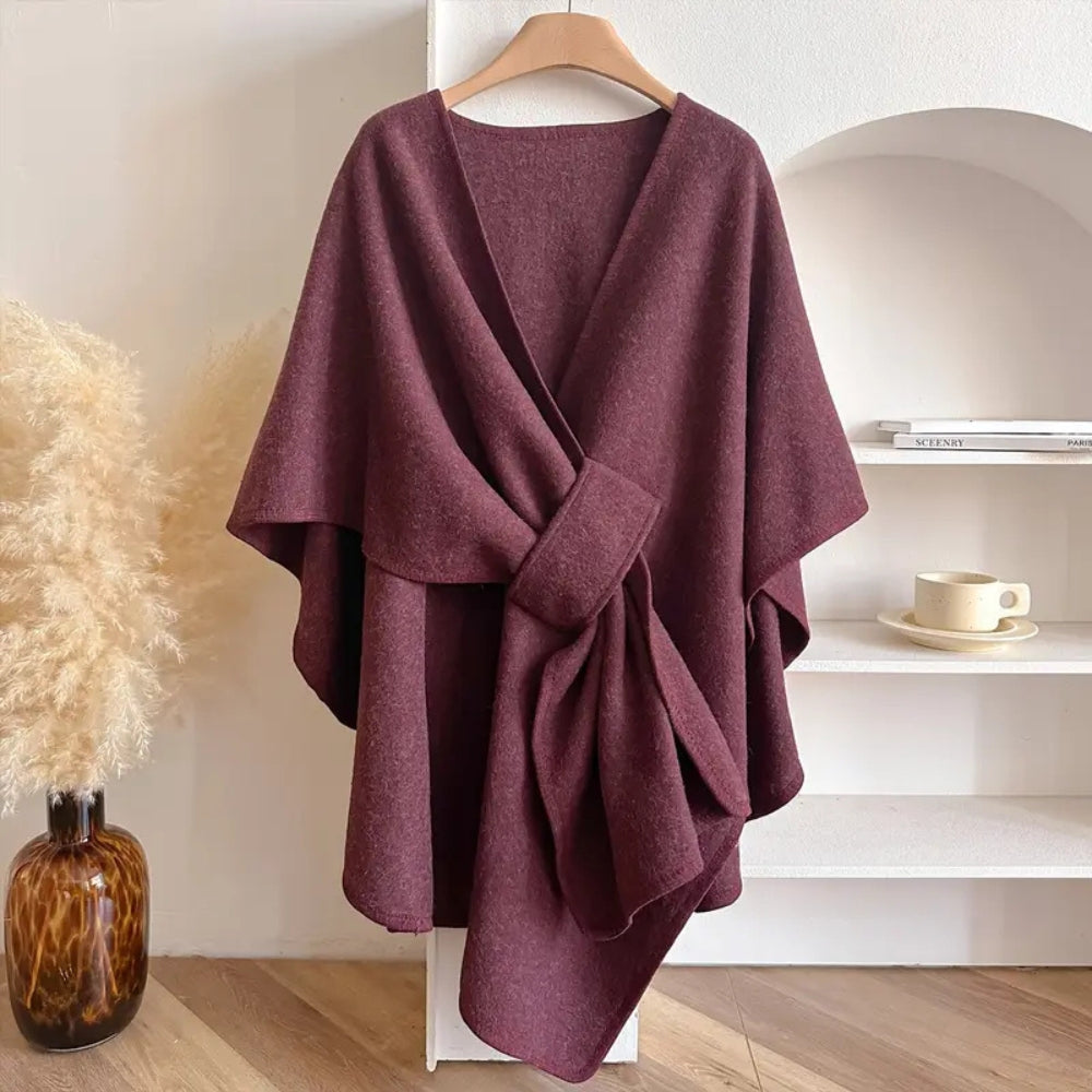 Woolen Poncho Shawl Coat for Women with Waist Tie - Knee Length Draped Cape for Stylish Warmth-Coats & Jackets-Urban Devyne-Maroon-Urban Devyne