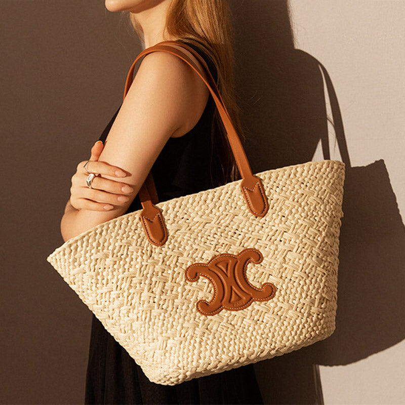 Selira | Straw Woven Tote Bag with Leather Handles and Emblem-Tote Bags-Urban Devyne-Apricot-Urban Devyne