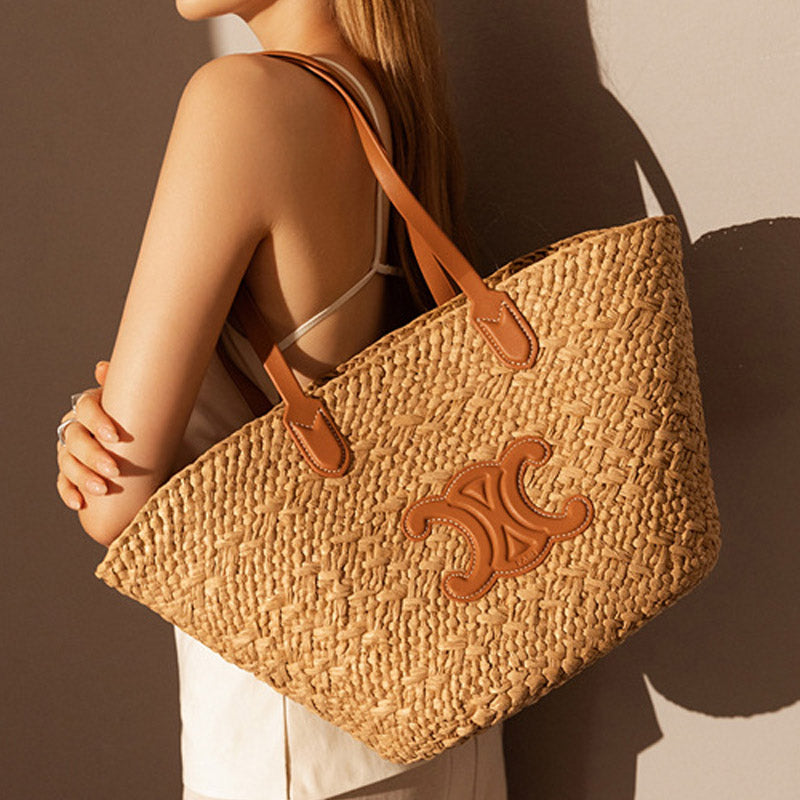 Selira | Straw Woven Tote Bag with Leather Handles and Emblem-Tote Bags-Urban Devyne-Khaki-Urban Devyne