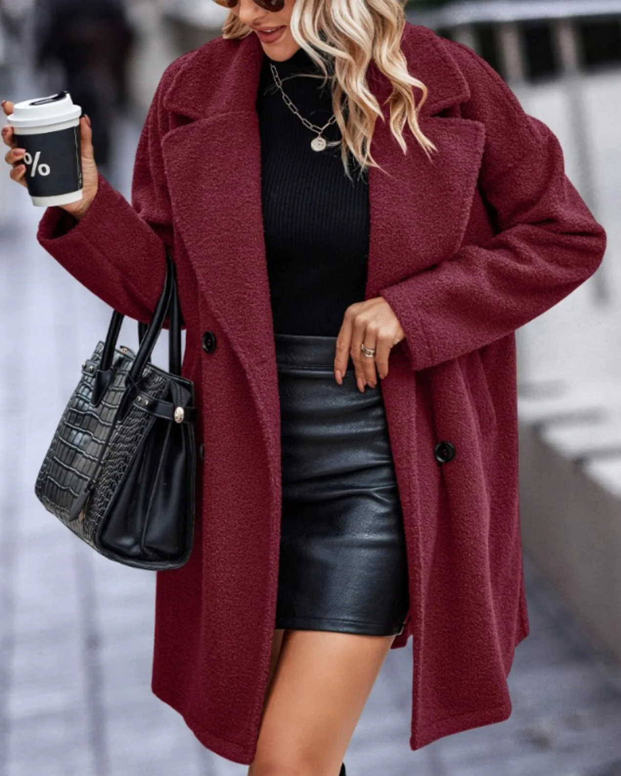 Double Breasted Long Wool Coat – Relaxed Fit Knee Length Winter Overcoat-Coats & Jackets-Urban Devyne-Red-S-Urban Devyne