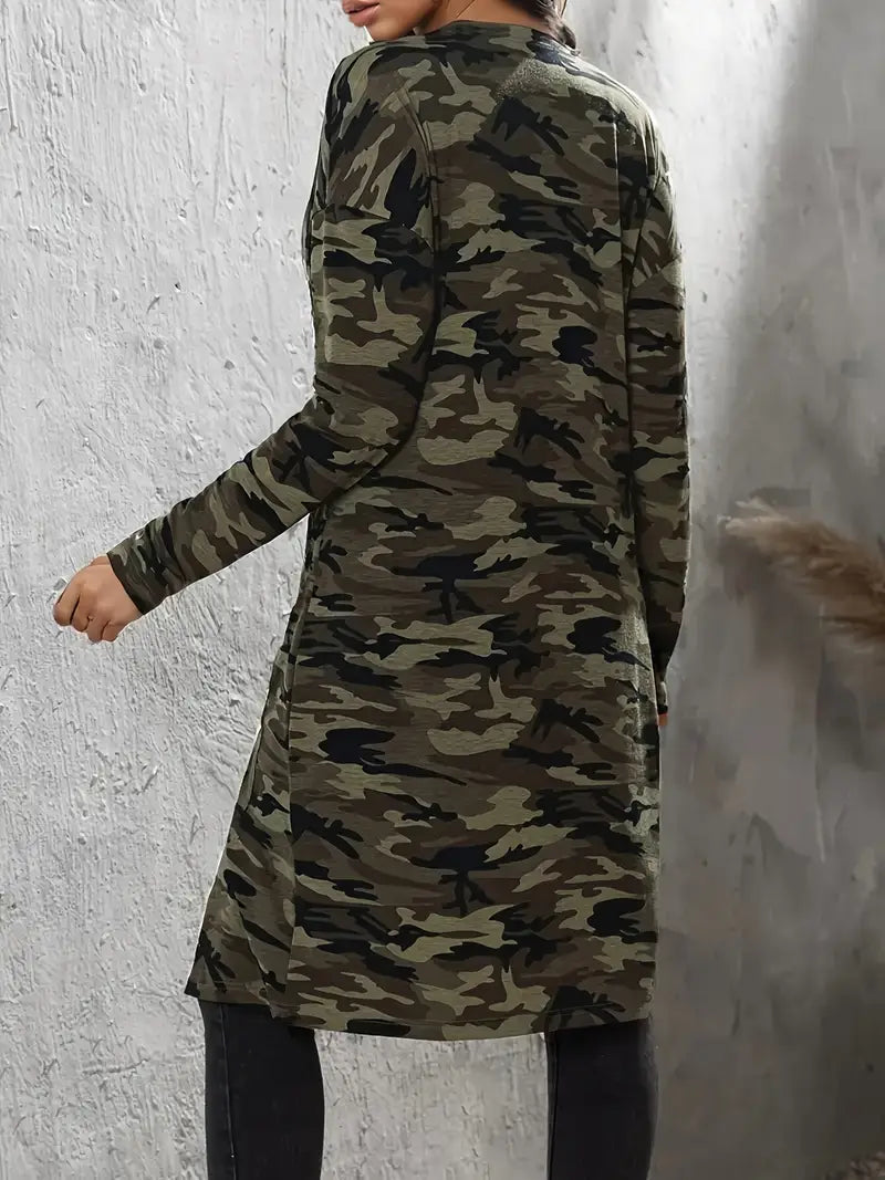 Long Camo Jacket for Women - Relaxed Fit Cotton Blend with Pockets for Casual Wear-Coats & Jackets-Urban Devyne-Urban Devyne