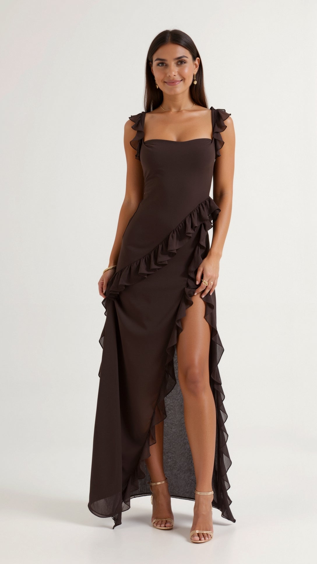 Elira | Ruffled Maxi Dress-Maxi Dresses-Urban Devyne-Brown-XS-Urban Devyne