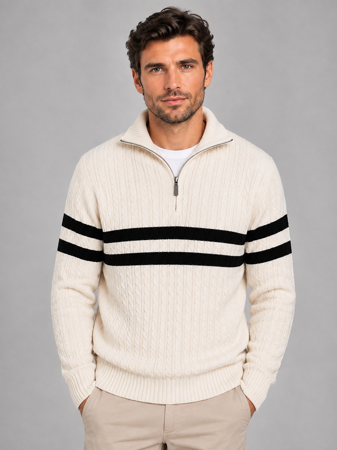 Man wearing cream cable knit jumper with black horizontal stripes and half-zip collar, paired with beige chinos